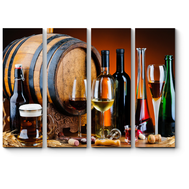 Модульная картина Натюрморт с деревянной бочкой и вином