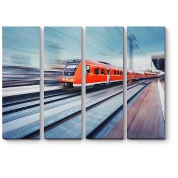 Модульная картина  Высокоскоростной красный пассажирский пригородный поезд