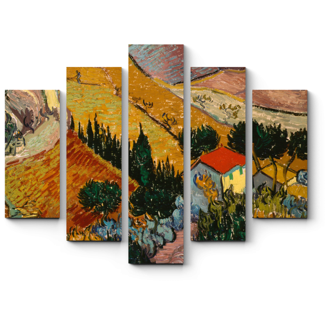 Модульная картина Пейзаж с домом и пахарь, Винсент Ван Гог