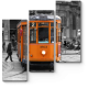 Оранжевый трамвай на сером городском фоне