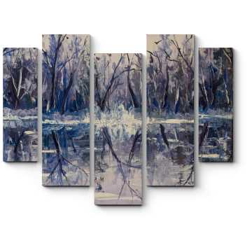 Модульная картина Река в зимнем лесу