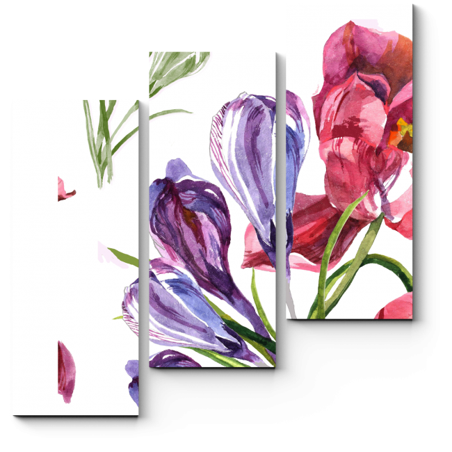 Модульная картина Розовые тюльпаны и крокусы акварелью
