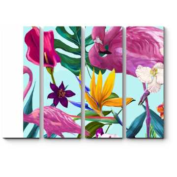 Модульная картина Цветочный узор с фламинго