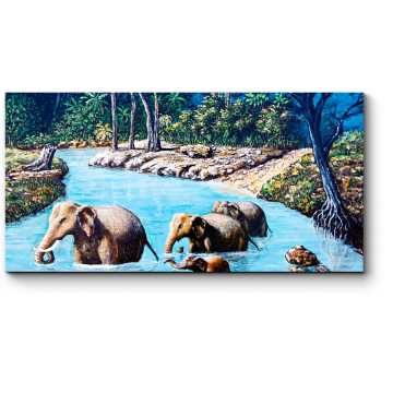 Модульная картина Семья слонов переправляется через реку