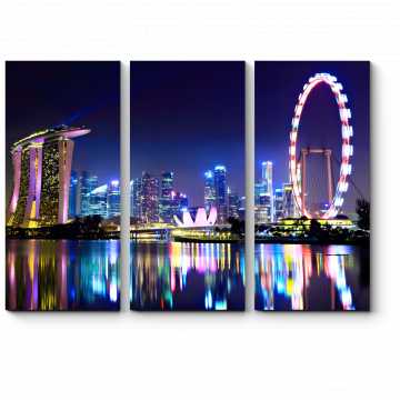 Модульная картина Огни ночного Сингапура в отражении Марина Бэй